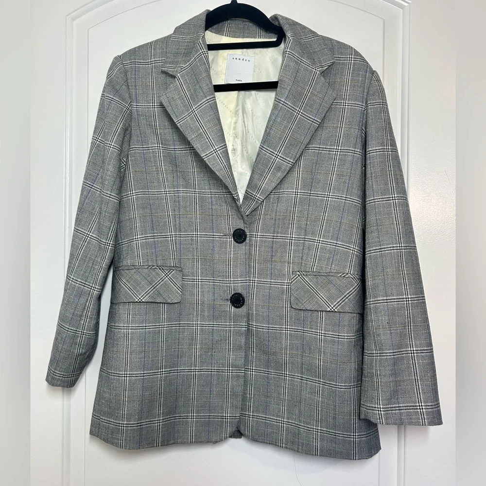 SANDRO Reynald Two-Button Plaid Blazer Gray Size 36 Preppy Academia Minimalist - Picture 4 of 15